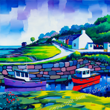 Load image into Gallery viewer, A colourful giclee print of Corrie Harbour in Arran a few miles along the coast from Brodick