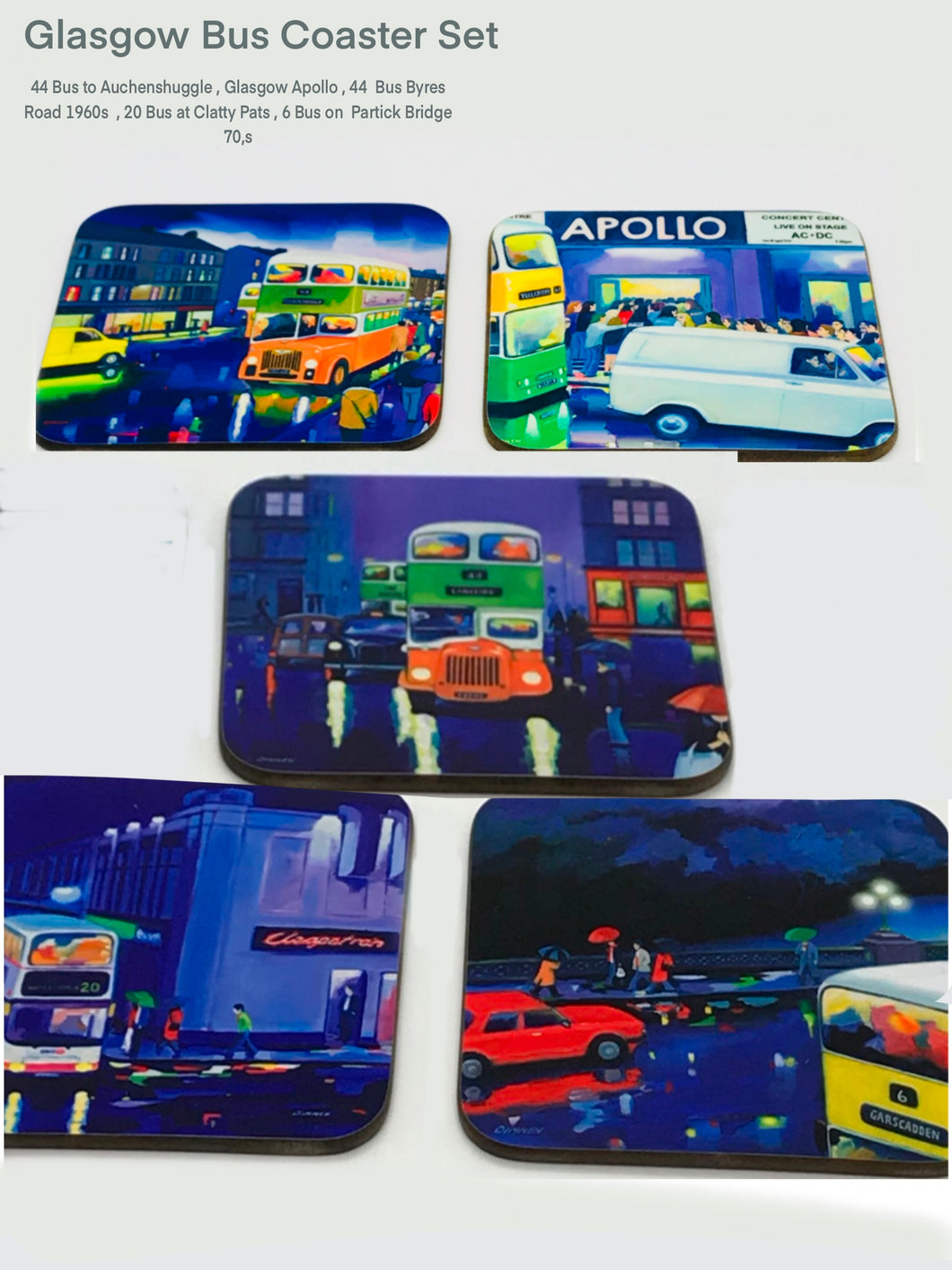 Set of  5 Glasgow  Bus  Coasters ( Free pp UK)