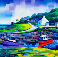 Load image into Gallery viewer, A colourful giclee print of Corrie Harbour in Arran a few miles along the coast from Brodick
